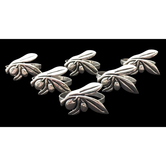 VTG Set of 6 Olive Branch Napkin Rings Holders Stainless Steel Sud Etoffe France - Picture 1 of 3